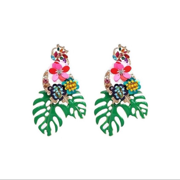 ZARA Gold & Multi Bright Tropical Floral Palm Leaf Dangle Statement Earrings - Picture 10 of 16
